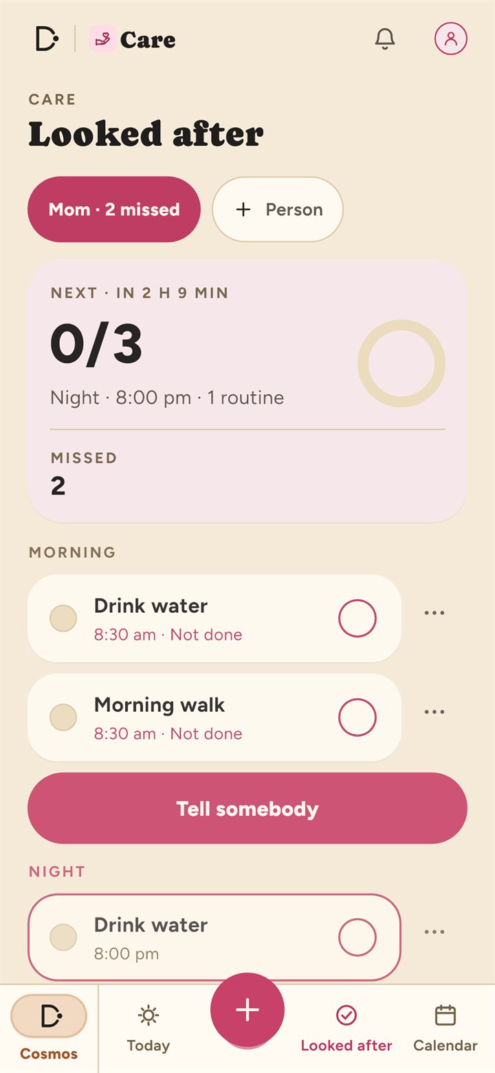 Looked after: the day's routines for one person, and the next one due