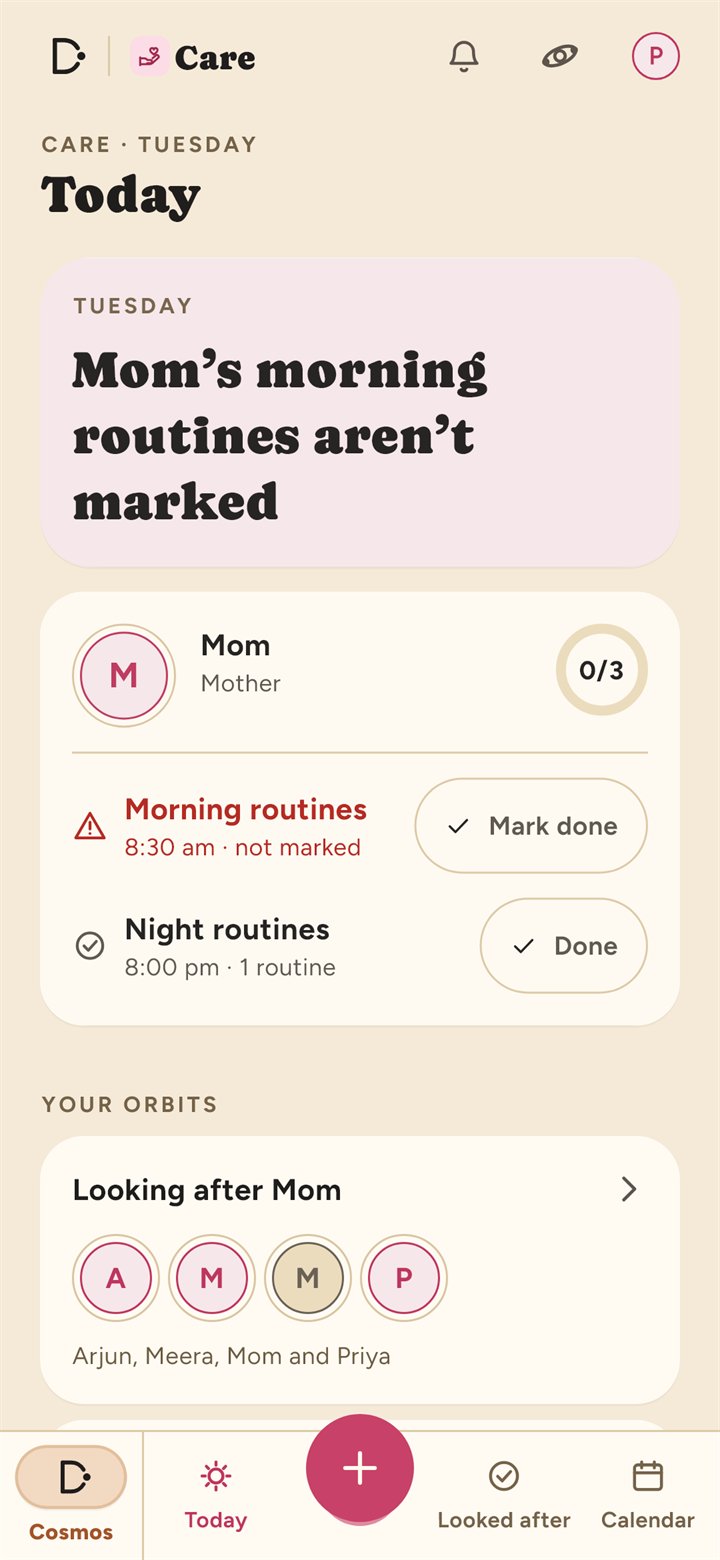 Care today: a mother's morning routine not marked yet, the night routine to come, and the orbit looking after her