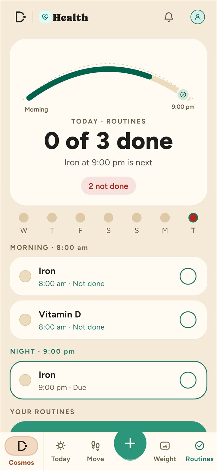 Routines: today's routines by time of day, with the week above