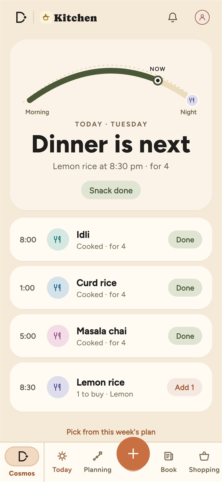 Kitchen today: breakfast and lunch cooked, the evening snack next, and what to buy for tonight's dinner