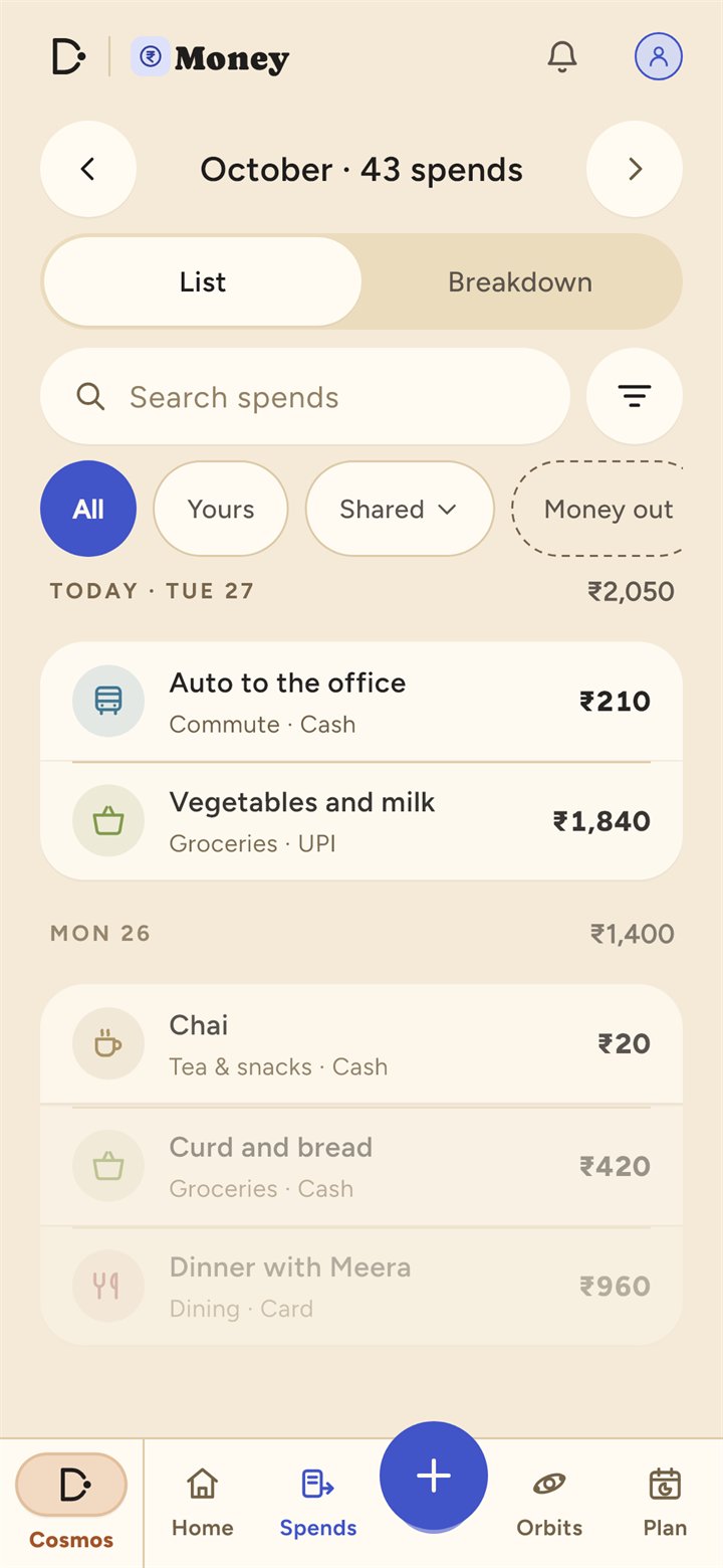 Spends: the month as a list by day, each spend with its category and payment method