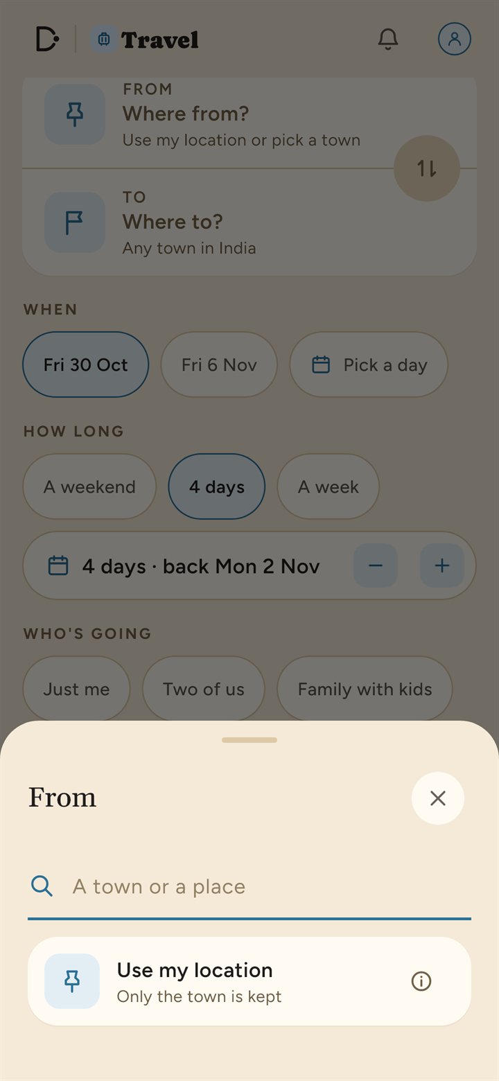 Planning a trip: from, to, when, how long and who is going, with a sheet to pick where you start
