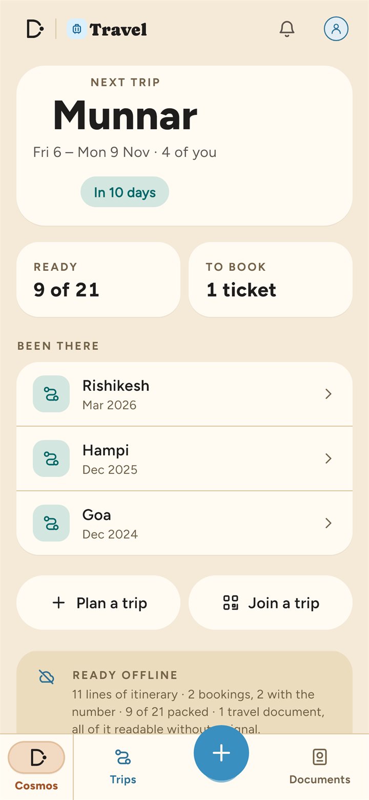 Travel: the next trip with its dates and countdown, how much is packed, what is left to book, and trips already taken