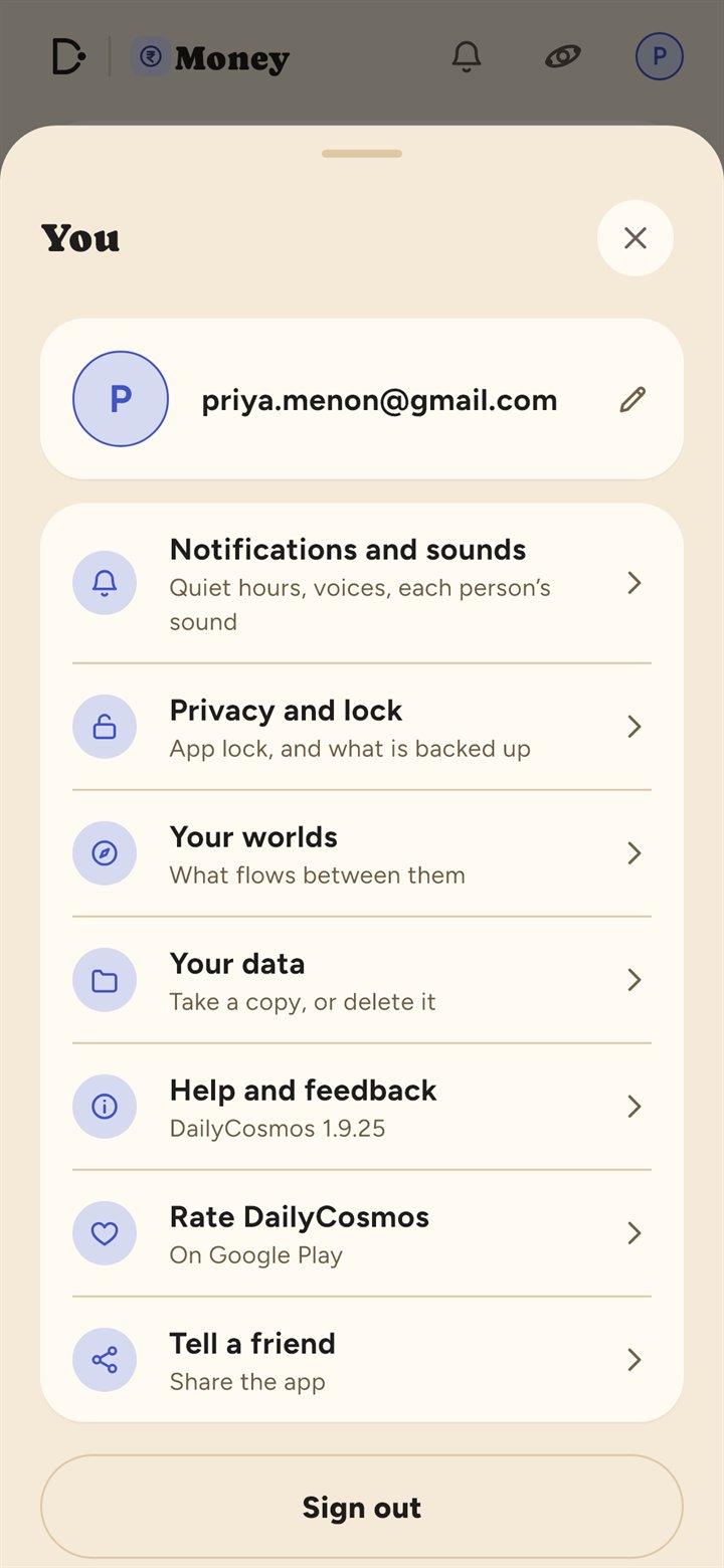 You: your account, notifications and sounds, privacy and lock, your worlds, your data, and help